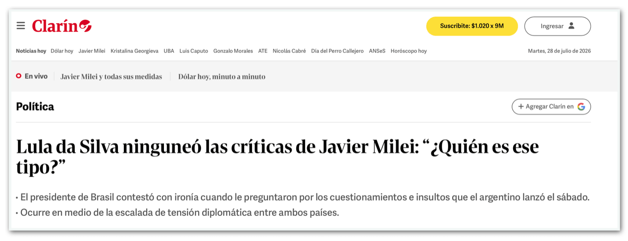 Mídia argentina repercute falas de Milei e cita US$ 31 bi em jogo