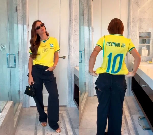 Bruna Biancardi vê jogo do Brasil usando camisa com recado de Neymar
