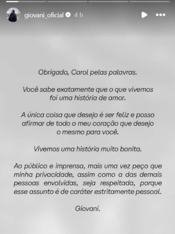 Giovani se manifesta após desabafo da ex e pede respeito à privacidade