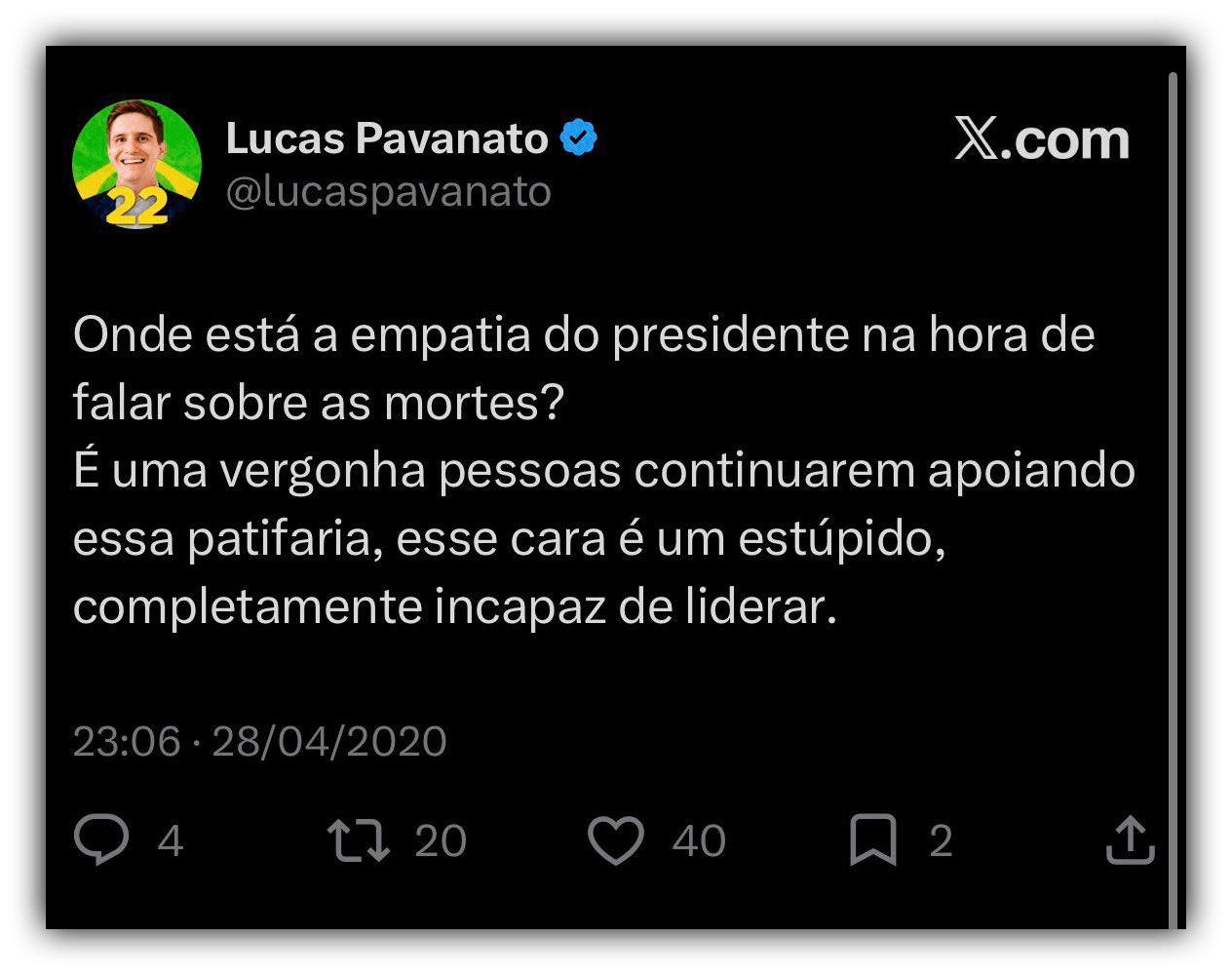 Internautas viralizam posts antigos de Pavanato criticando Bolsonaro