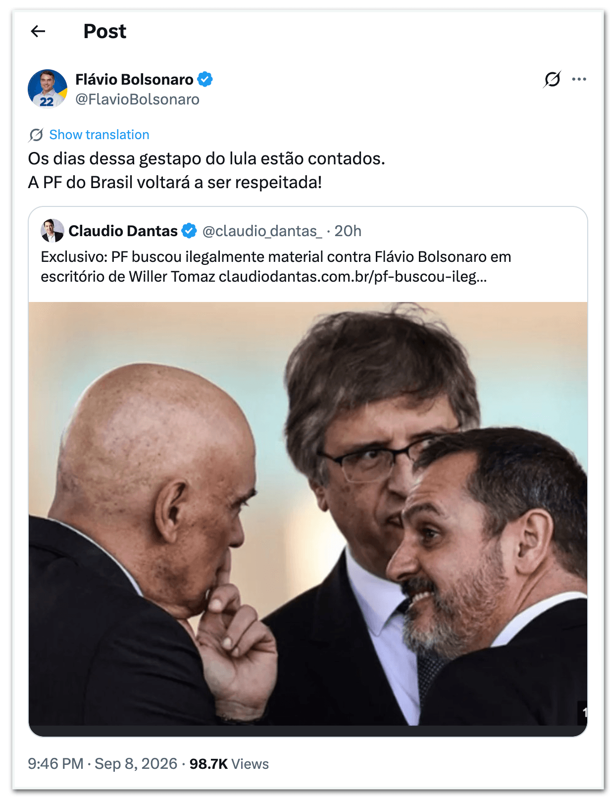 Flávio compara PF do governo Lula à polícia nazista
