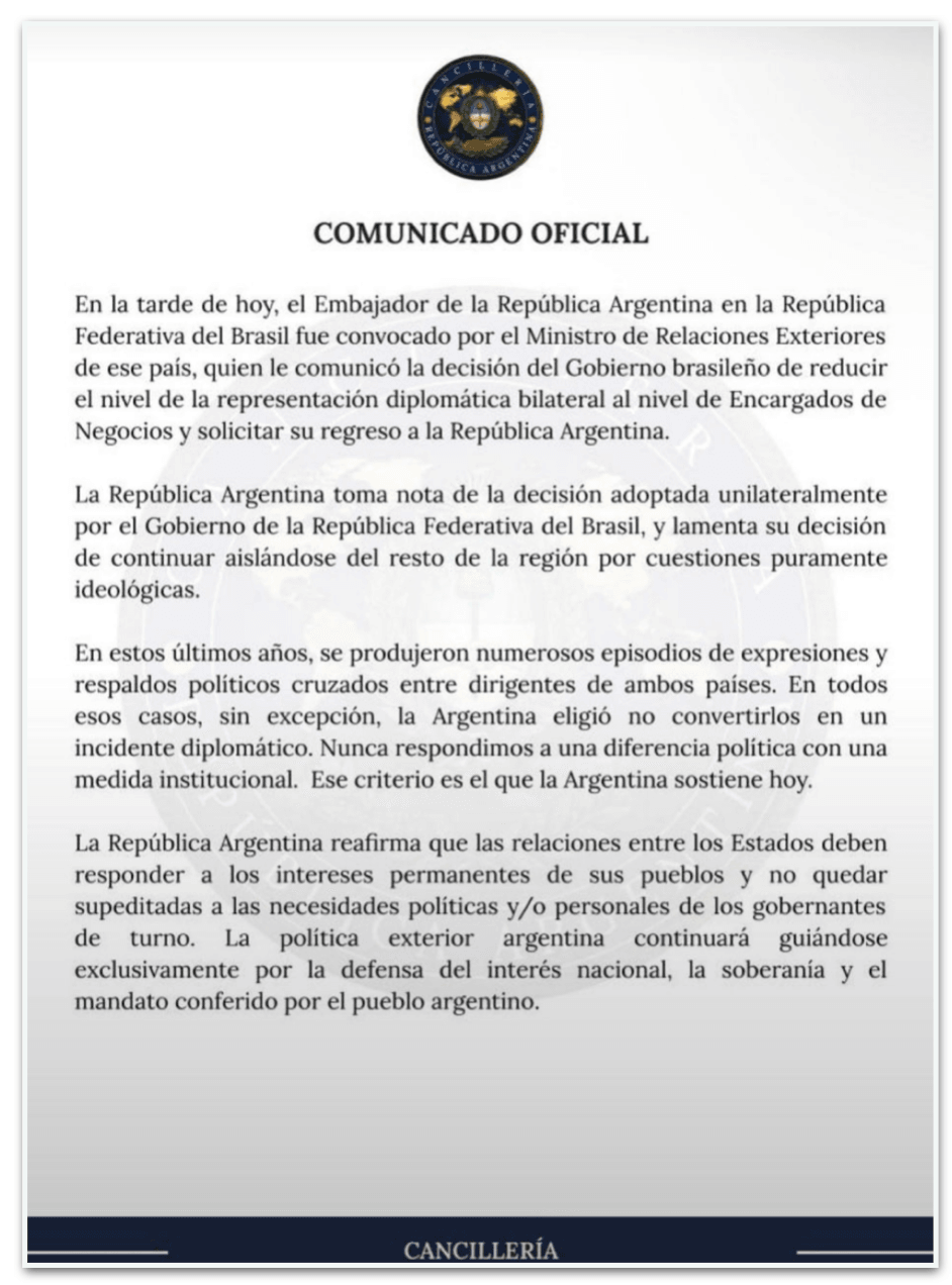 Argentina critica redução de representação diplomática do Brasil