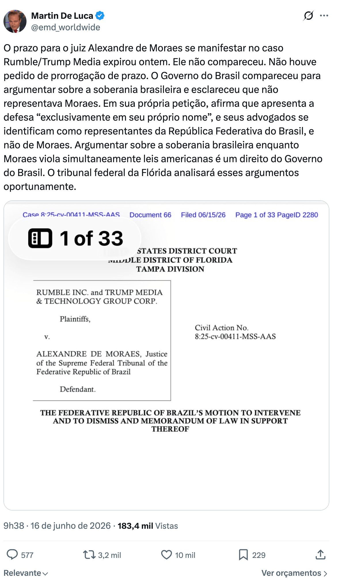Advogado diz que Moraes perdeu prazo em processo nos EUA