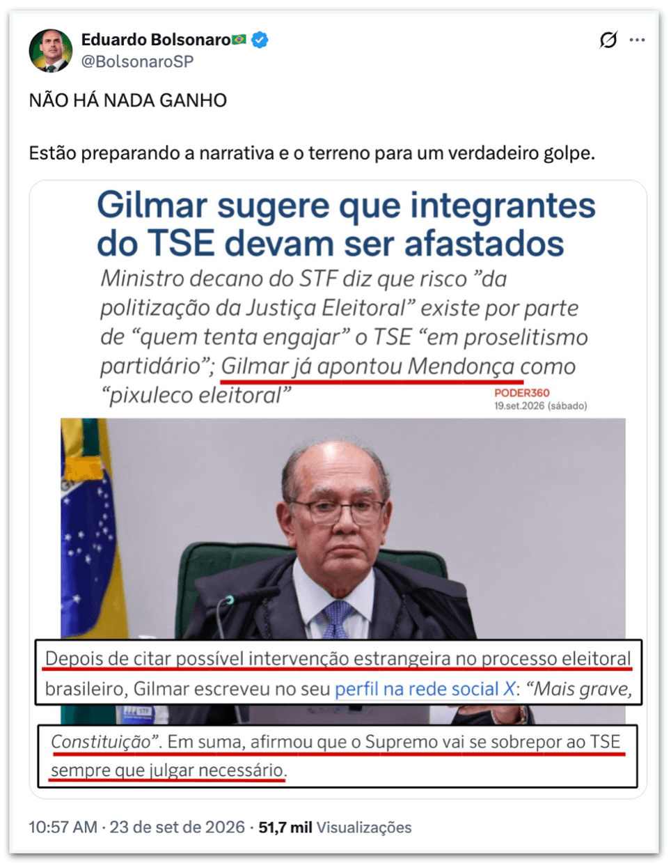 Eduardo reage a Gilmar e diz que há preparação para “verdadeiro golpe”