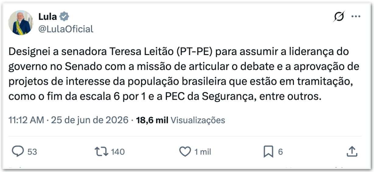 Lula escolhe Teresa Leitão para liderar Governo no Senado