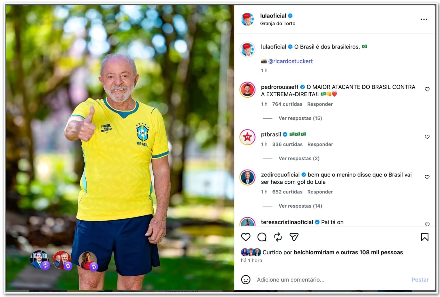 Lula veste camisa da seleção depois da vitória do Brasil no vôlei