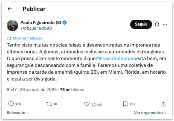 Paulo Figueiredo diz que Flávio está “bem” e falará a jornalistas na 5ª