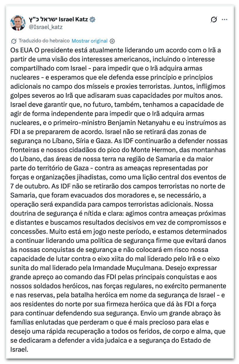 Israel diz que não deixará áreas ocupadas no Líbano e em Gaza