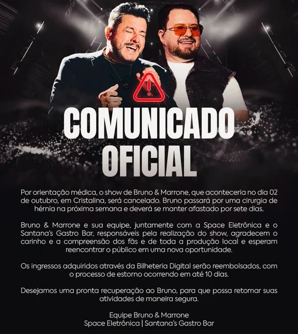 Bruno, dupla de Marrone, cancela show em Goiás para fazer cirurgia