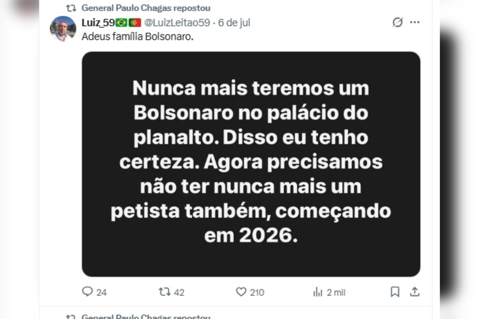 General posta ironia a Flávio: "Nunca mais um Bolsonaro no Planalto"
