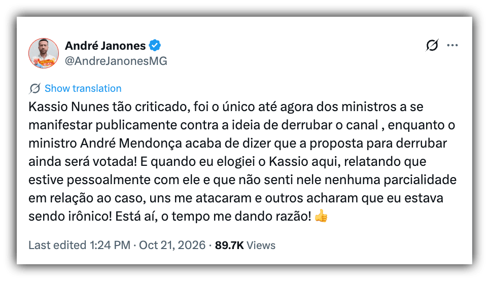 Janones elogia Nunes Marques e critica Mendonça em caso Exército do Lula