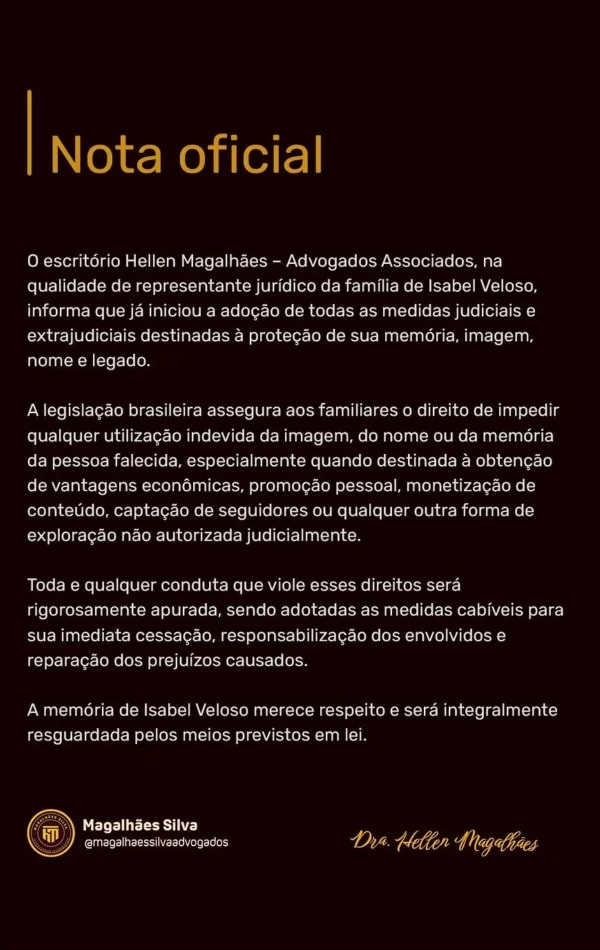 Isabel Veloso: família divulga nota e anuncia medidas legais