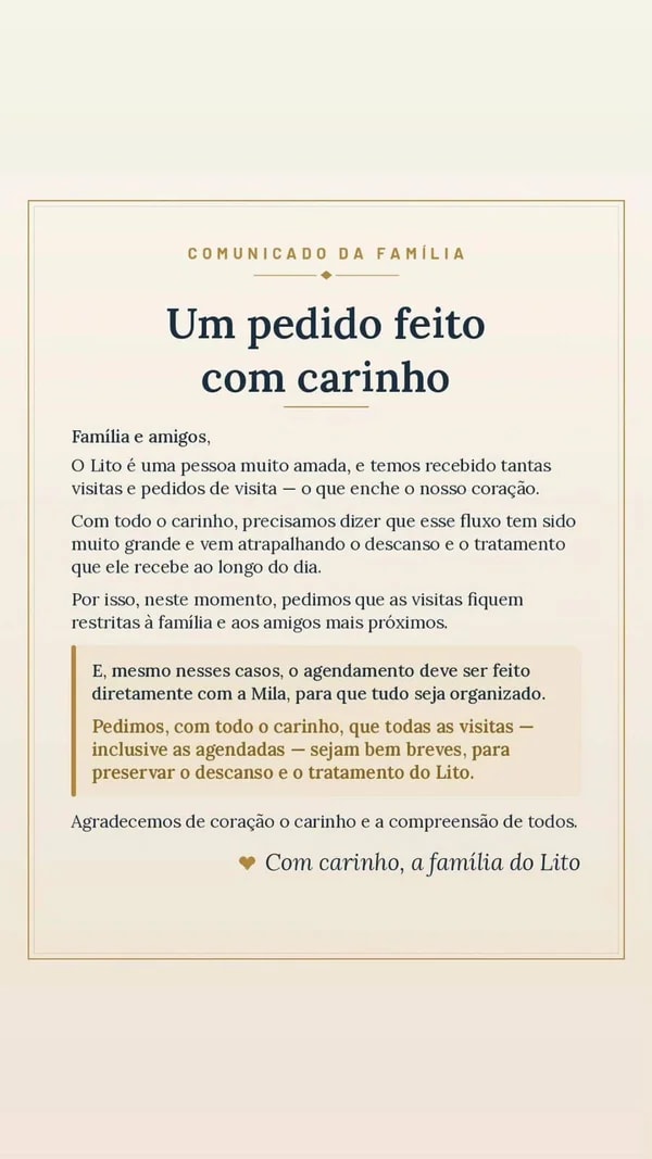 Família de Lito Sousa faz apelo após muitas visitas: "Preservar o descanso"