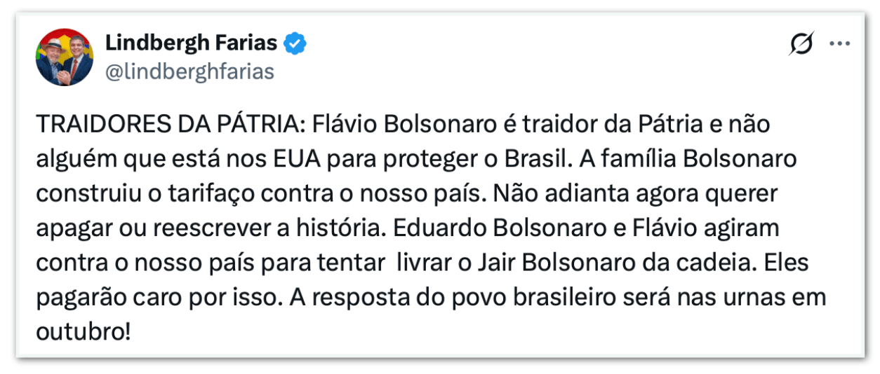 Lindbergh chama Flávio e Eduardo Bolsonaro de “traidores da pátria”