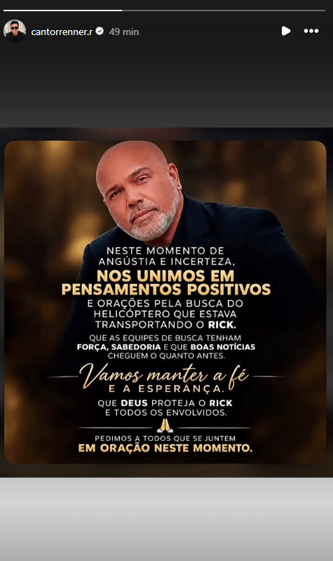 Renner pede orações após helicóptero em que Rick estava desaparecer