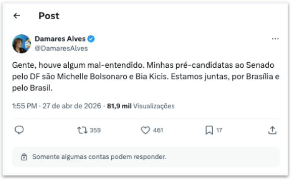 Damares apoia Michelle e Bia Kicis para disputa ao Senado no DF