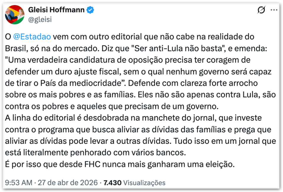 Gleisi criticou 42 vezes editoriais de jornais no governo Lula