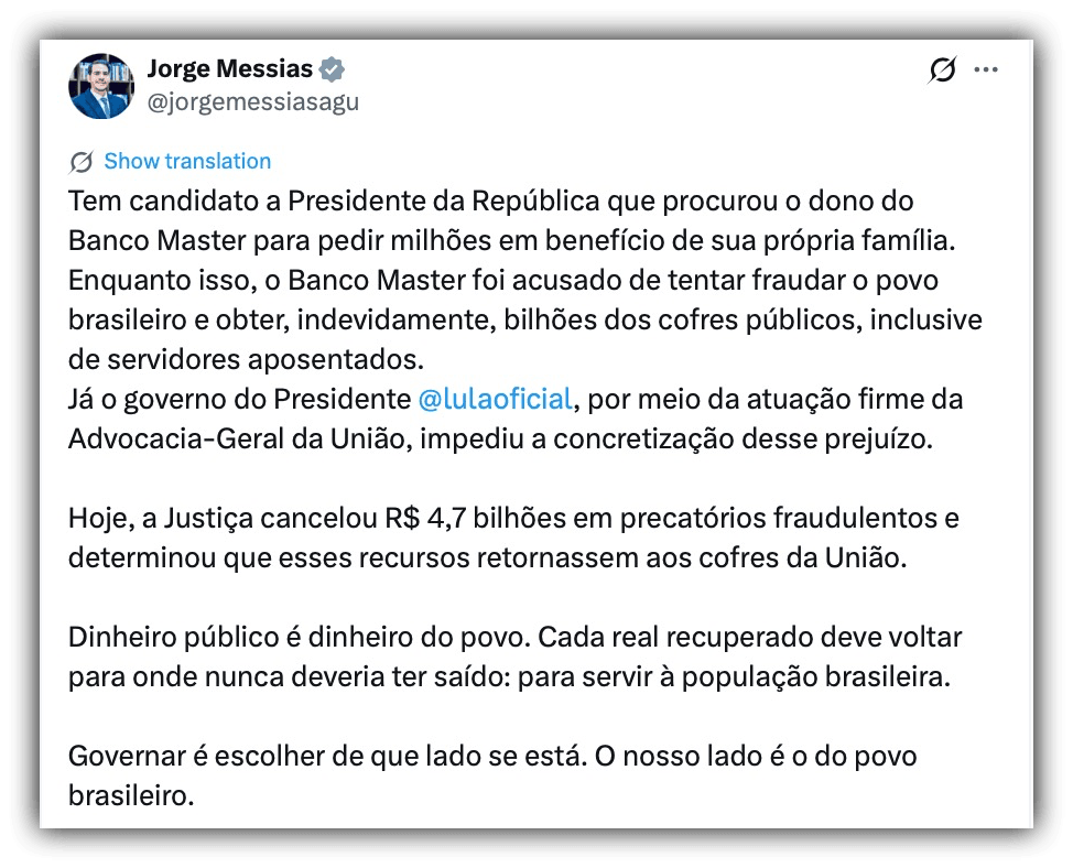 Marinho chama Messias de “militante do PT” após post sobre “Dark Horse”