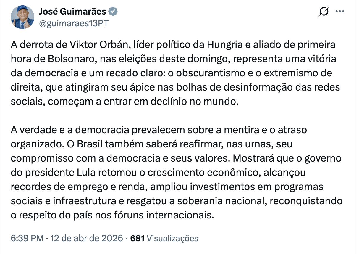 Políticos do PT comemoram derrota de Orbán na Hungria