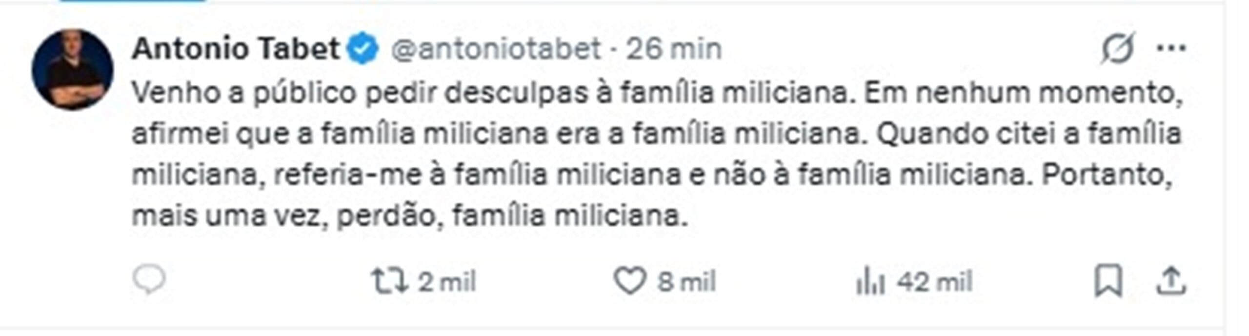 Tabet ironiza repercussão de post sobre Flávio: "Perdão, família miliciana"