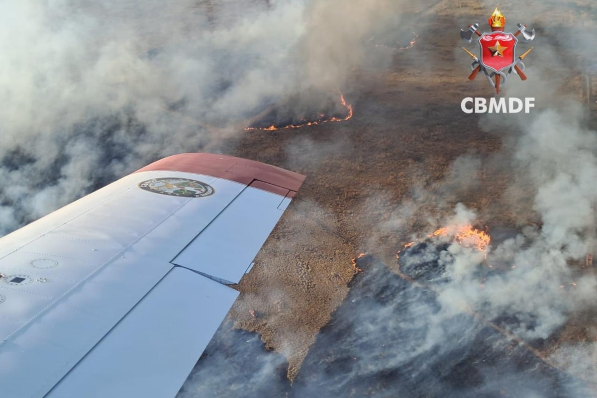 Imagens aéreas mostram incêndio destruindo vegetação no DF