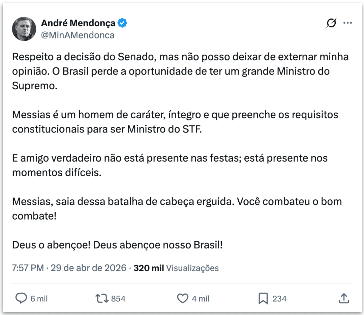 Mendonça diz que o Brasil perdeu grande ministro com rejeição de Messias