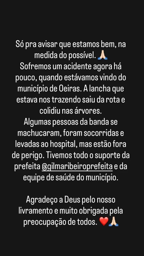 Viviane Batidão sofre acidente de lancha após show e divulga imagens