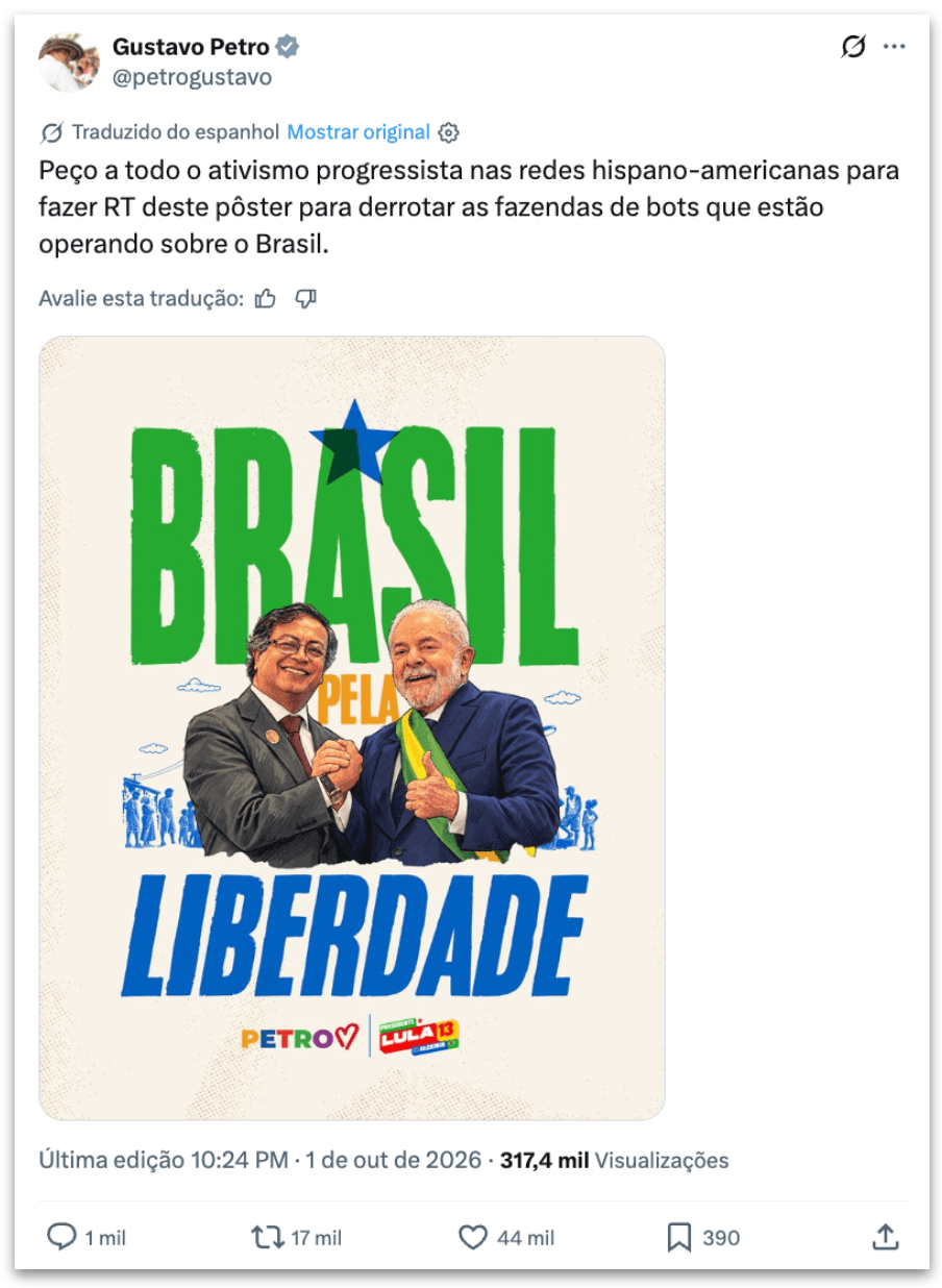 Petro apoia Lula e pede mobilização contra “fazendas de bots”