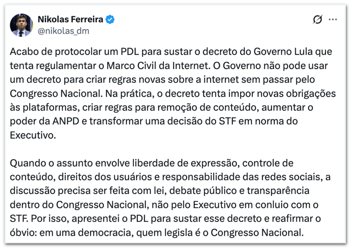 Oposição articula ofensiva contra decretos de Lula para big techs