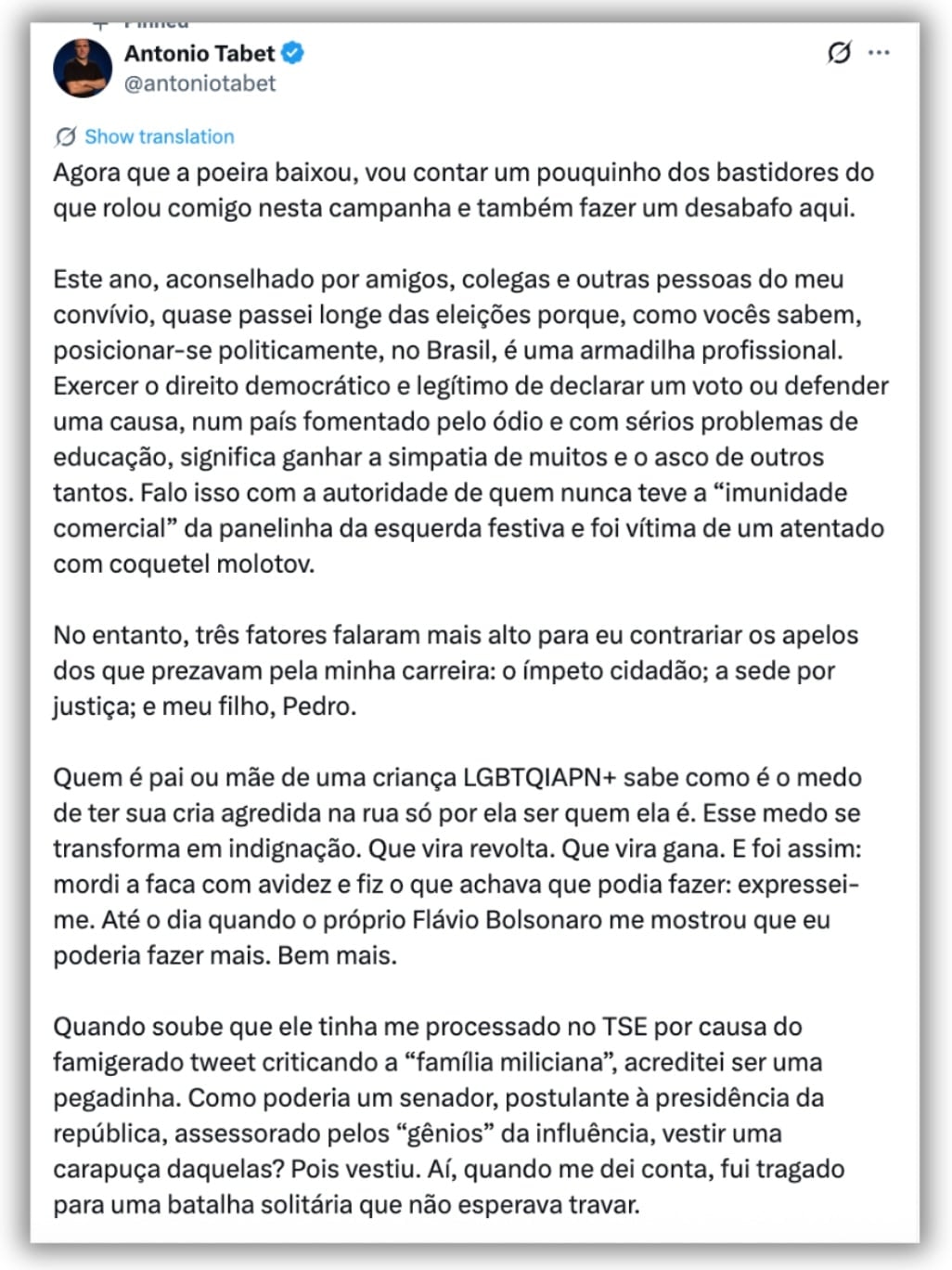 Tabet diz que escreveu respostas usadas por Lula contra Flávio em debate
