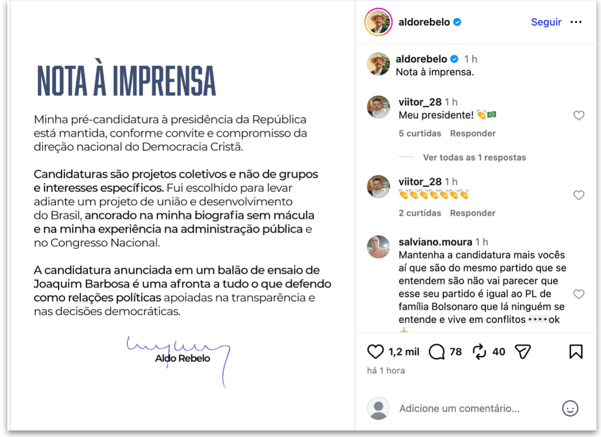 Aldo Rebelo diz manter candidatura pelo DC e critica Barbosa