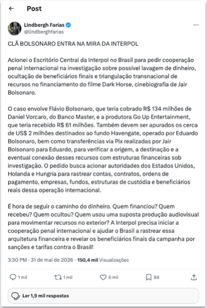 Lindbergh aciona Interpol para apurar recursos do filme “Dark Horse”