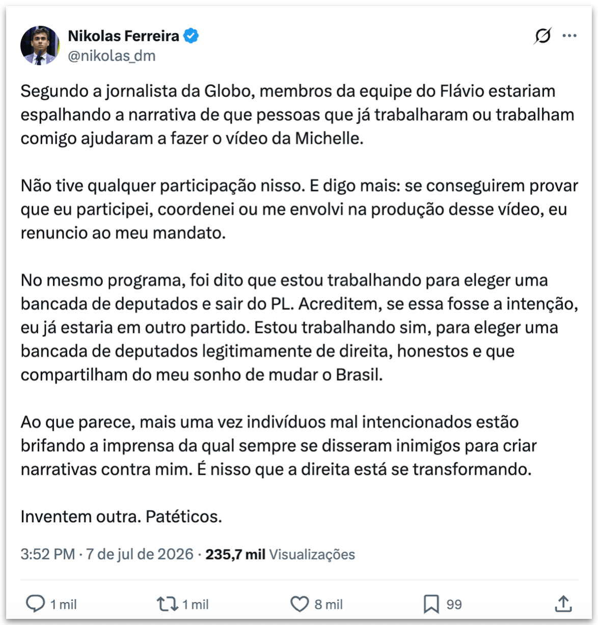 Nikolas nega ter ajudado Michelle em vídeo contra Flávio