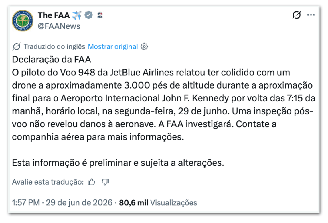 Avião da JetBlue colide com drone em Nova York