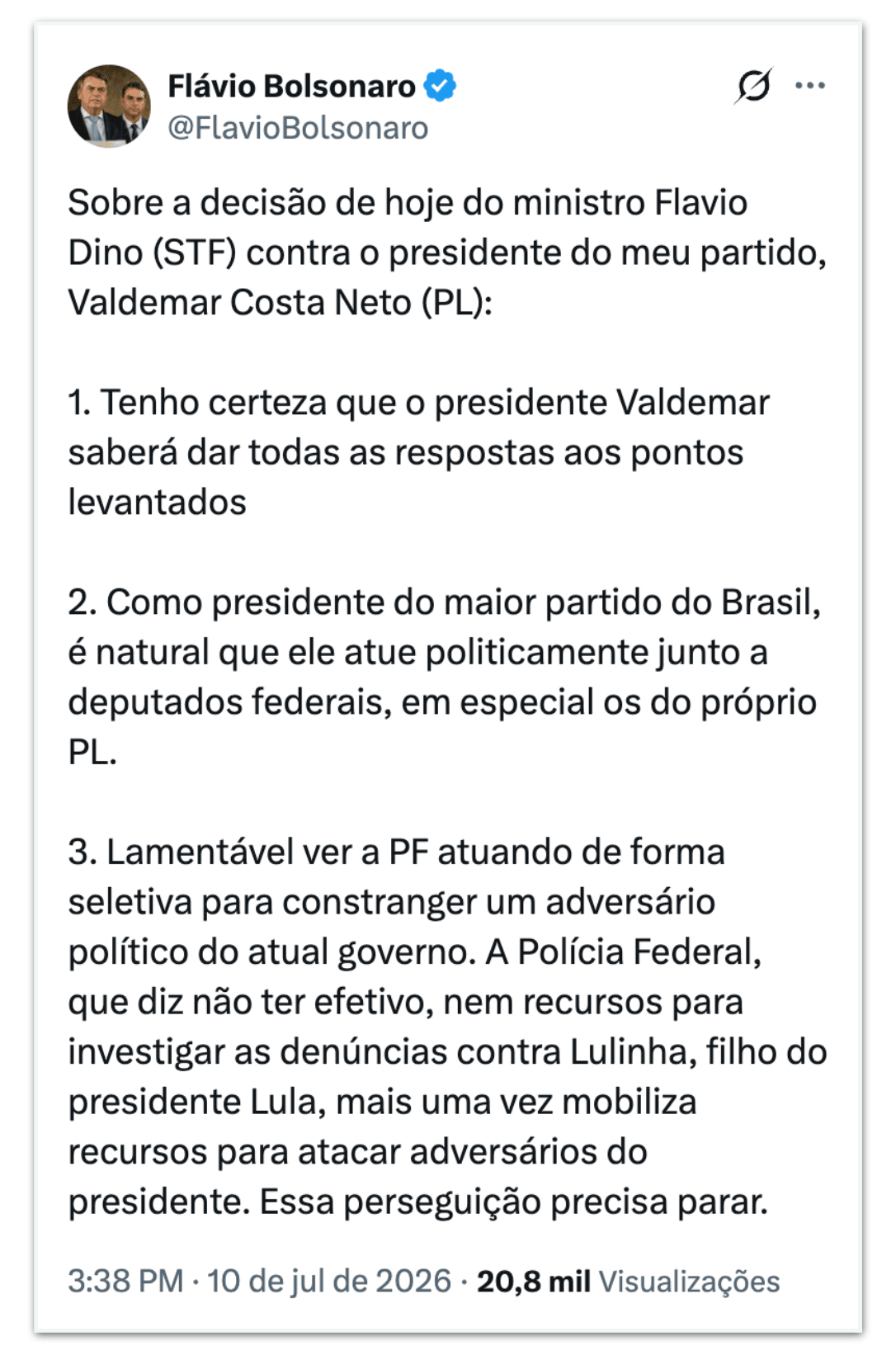Flávio sai em defesa de Valdemar e critica PF por caso Lulinha