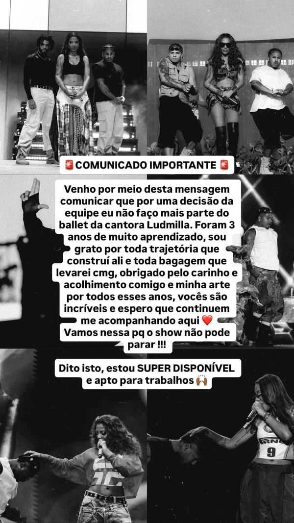 Yuri Costa anuncia saída do balé de Ludmilla e desabafa: "Aprendizado"