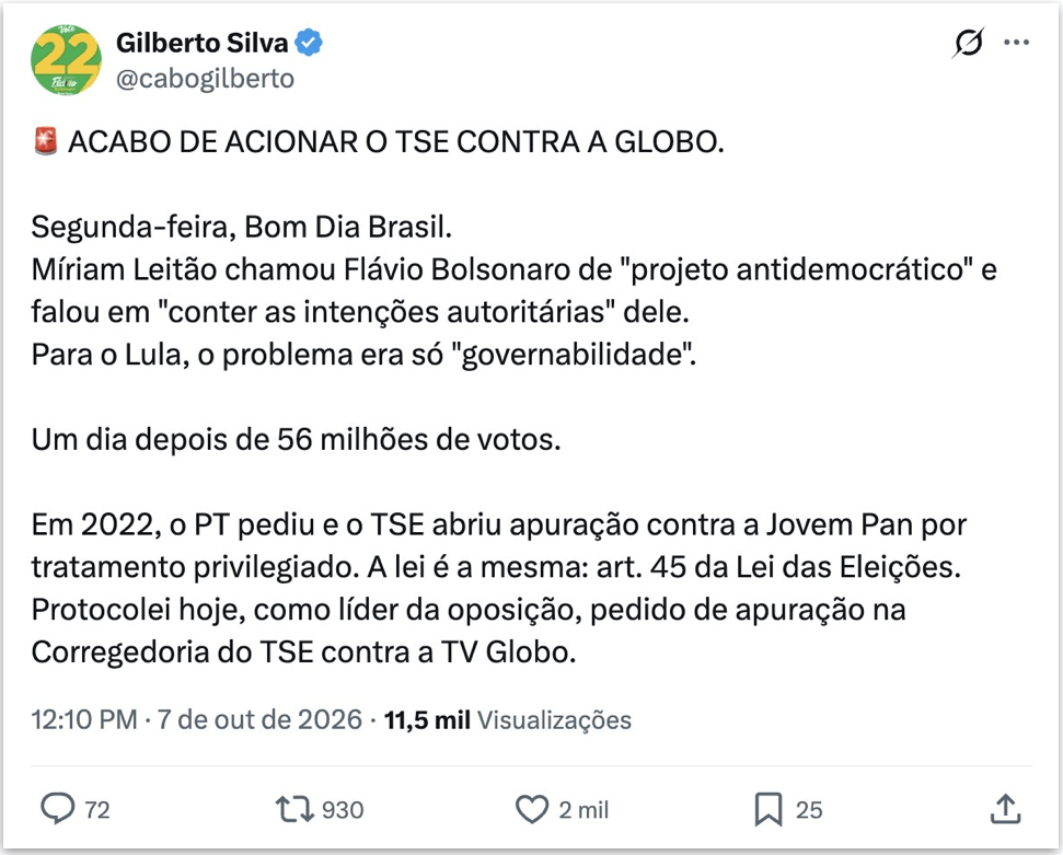 Cabo Gilberto diz ter acionado TSE contra “TV Globo” por fala sobre Flávio