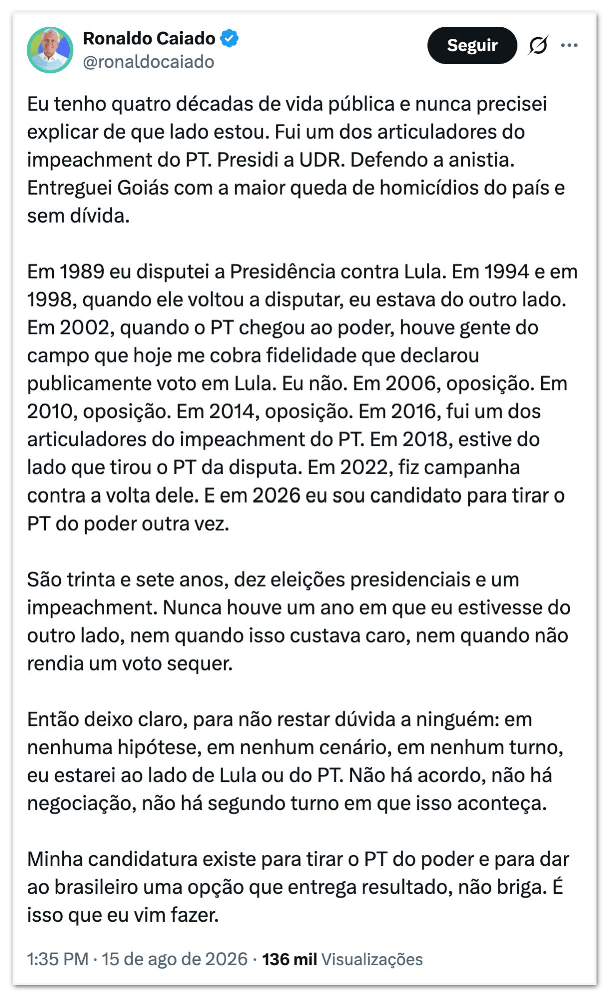 Caiado diz que não apoiará Lula após fala de Kassab sobre Centrão
