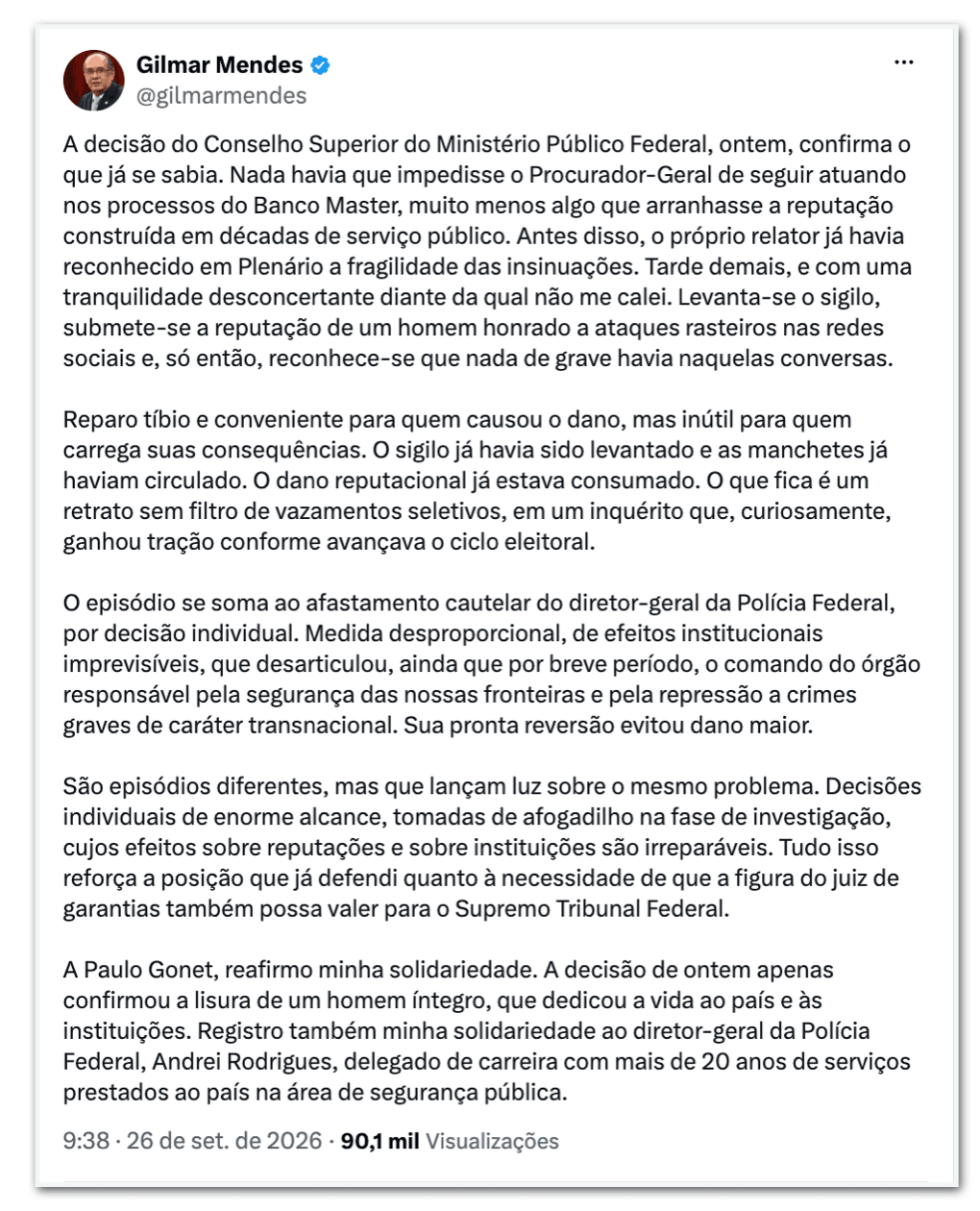 Gilmar celebra decisão do MPF de não investigar nem impedir Gonet