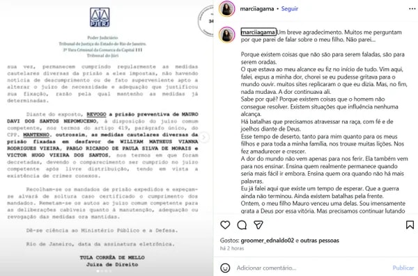 Mãe diz que prisão preventiva de Oruam foi revogada pela Justiça