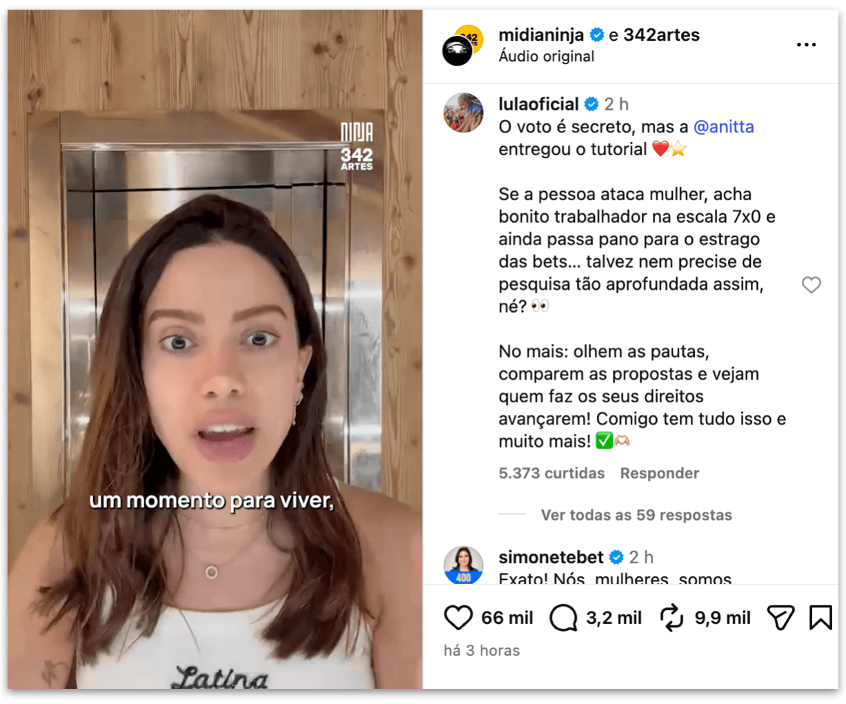 Sem citar Lula, Anitta diz em vídeo que vota em quem é contra as bets