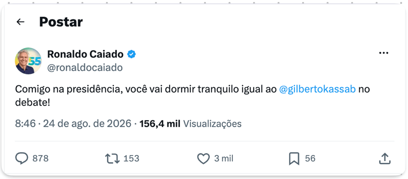 Caiado diz que, se eleito, eleitor vai “dormir tranquilo” igual a Kassab