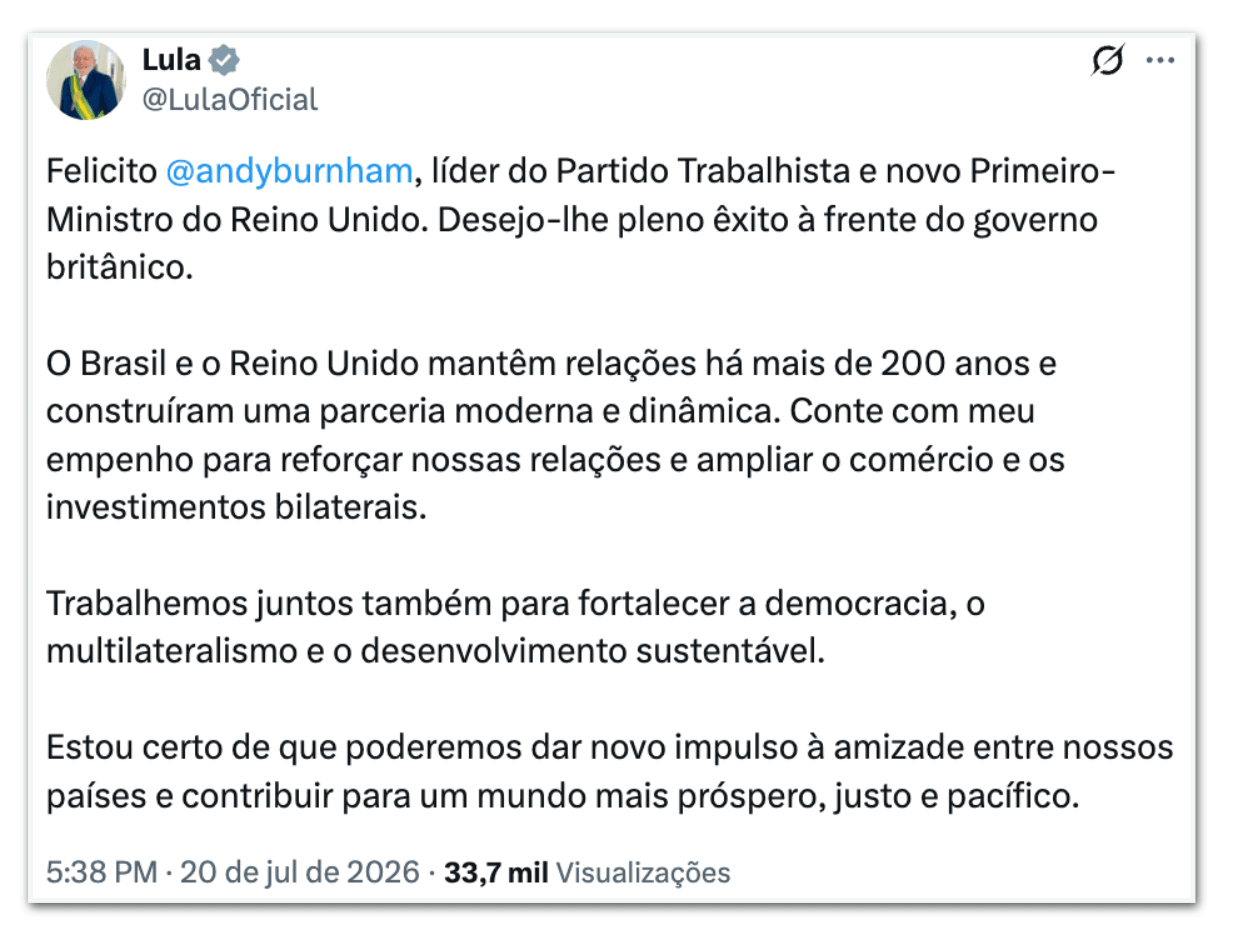 Lula dá parabéns a Andy Burnham por posse como premiê britânico