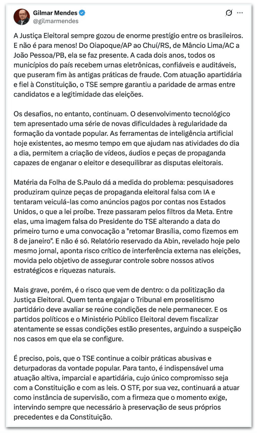 Gilmar sugere que integrantes do TSE devam ser afastados