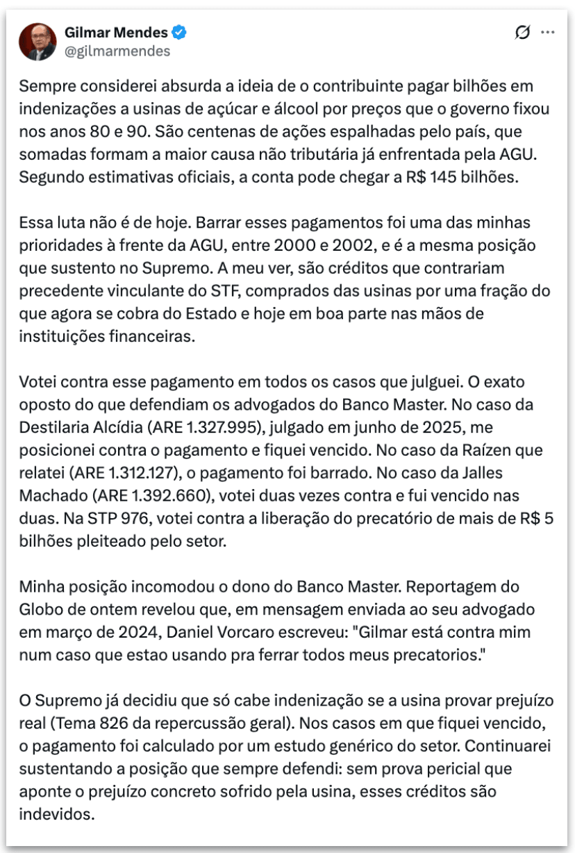 Gilmar diz que sua “posição” incomodou o dono do Banco Master