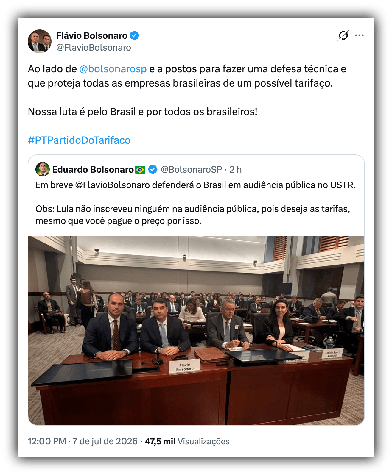 Após audiência nos EUA, Flávio chama PT de “Partido do Tarifaço”