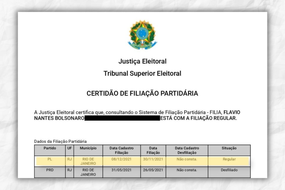 Sistema do TSE volta a mostrar Flávio Bolsonaro como filiado ao PL