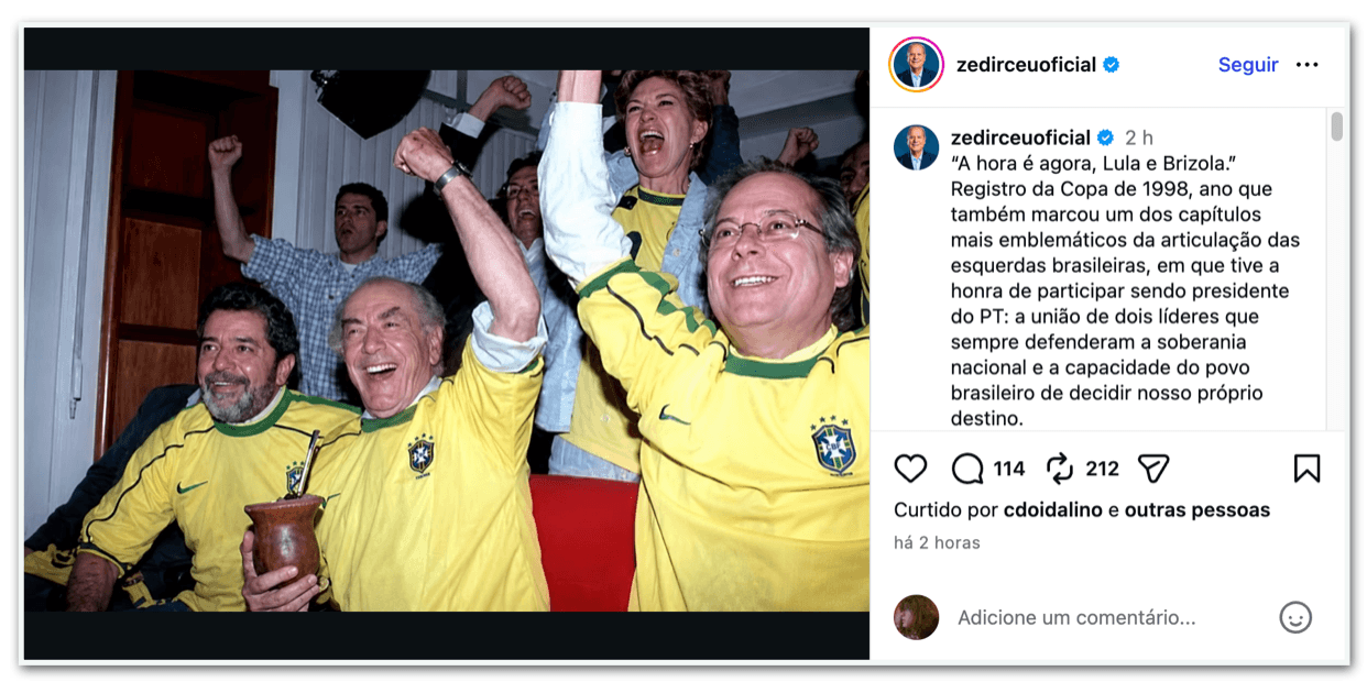 Dirceu publica foto de Lula e Brizola assistindo a jogo da Copa de 98