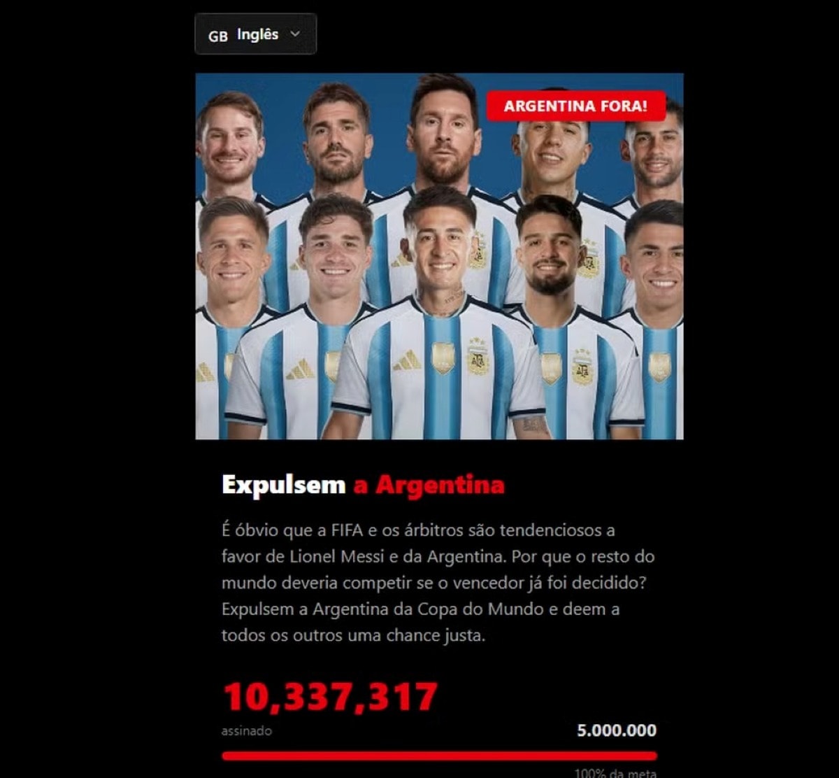 Copa: petição para excluir Argentina supera 10 milhões de assinaturas