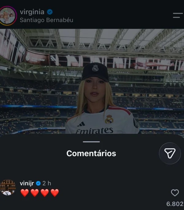 Após críticas, Virginia posa em estádio e ganha "carinho" de Vini Jr.